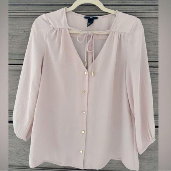 H&M 💯 Poliéster Pink 3/4 Sleeve Buttoned Tie Front Blouse Size 12 - Picture 1 of 5